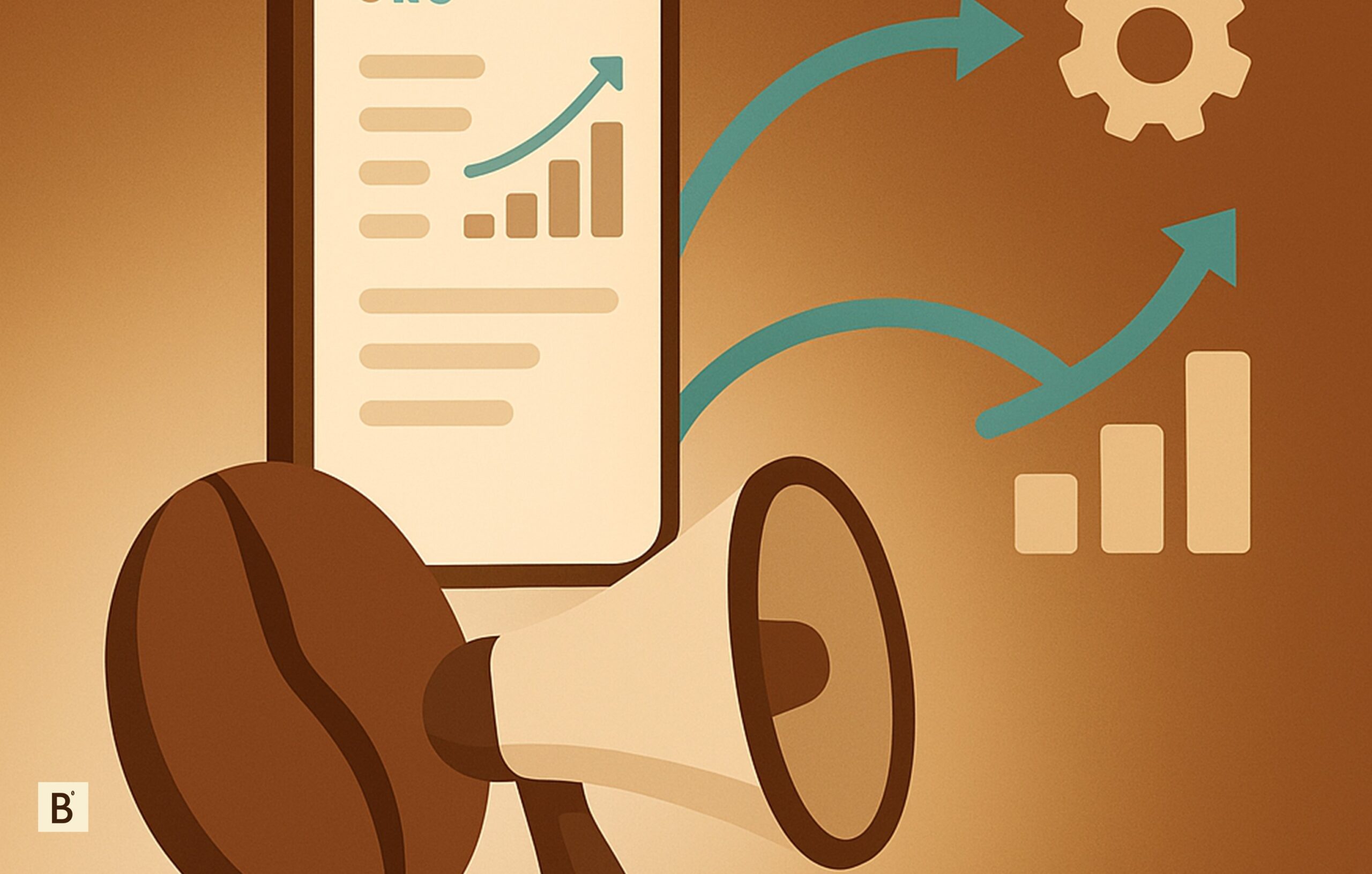 Vector illustration of coffee bean transforming into digital marketing icons representing CRM, social media, and automation.